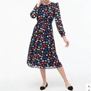 J. Crew‎ Crinkle Ruffle Tiered Midi Dress Black Floral Print 3/4 Sleeves Size 0
